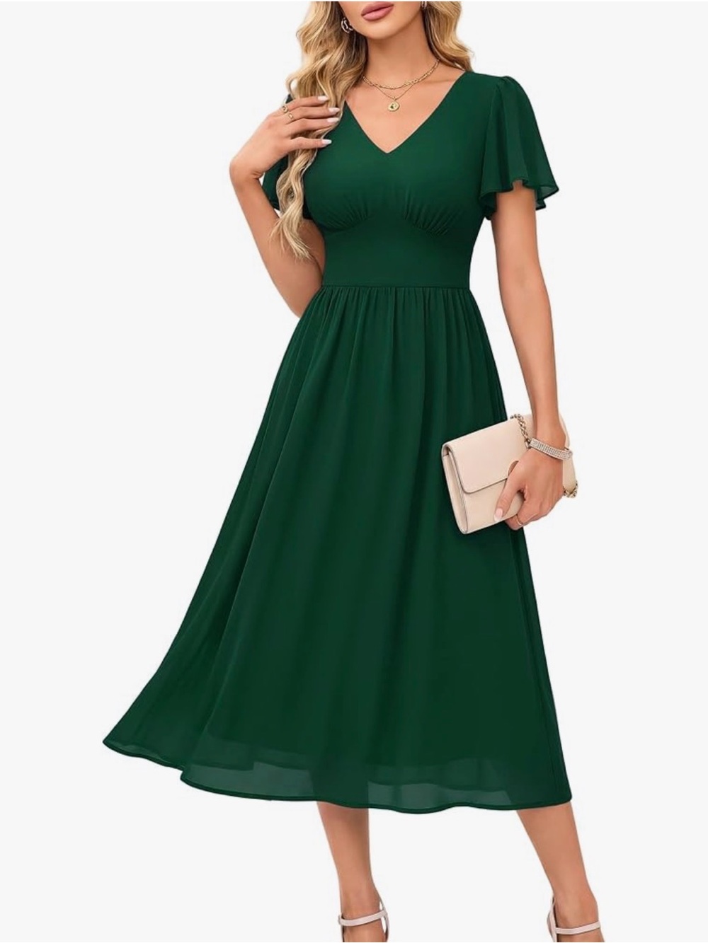 NWT MSBASIC Green Chiffon Flutter Sleeve Empire Midi Dress V-Neck Large 👗 F2